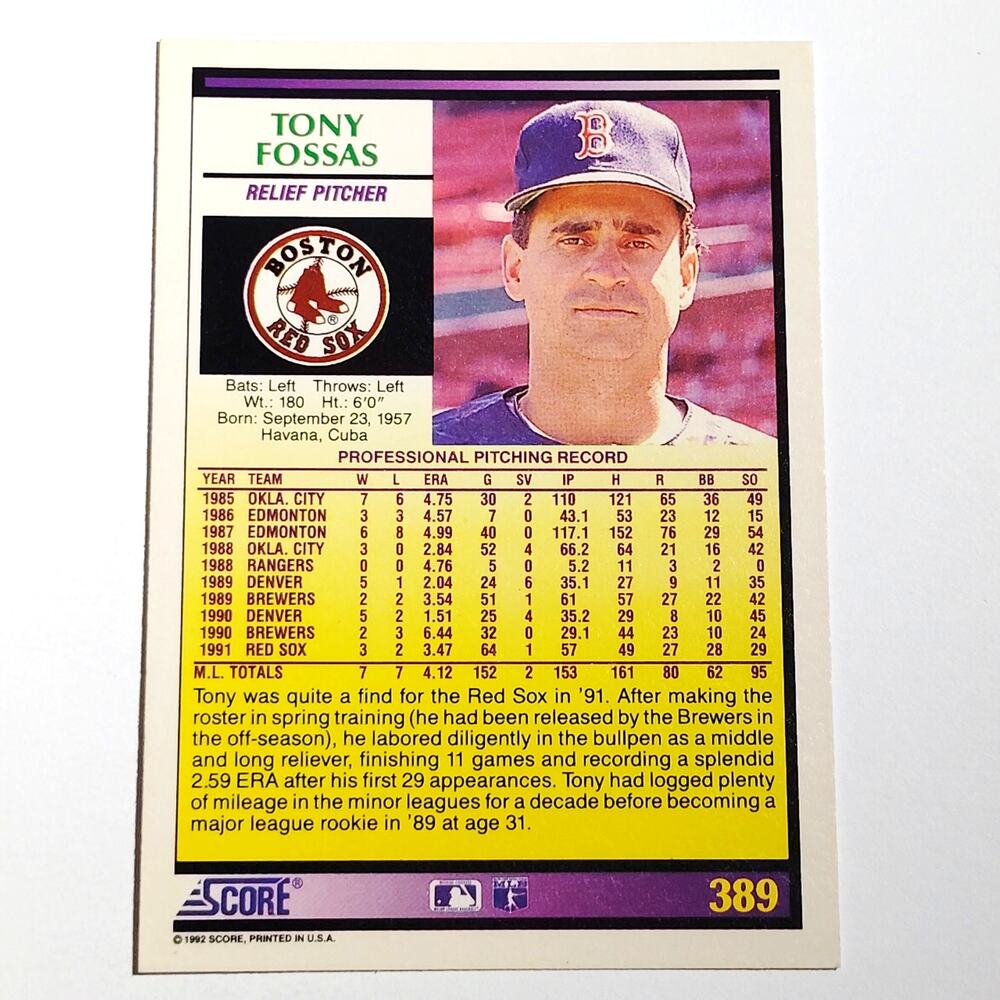 1992 Score Tony Fossas #389 Boston Red Sox Relief Pitcher MLB Baseball NM